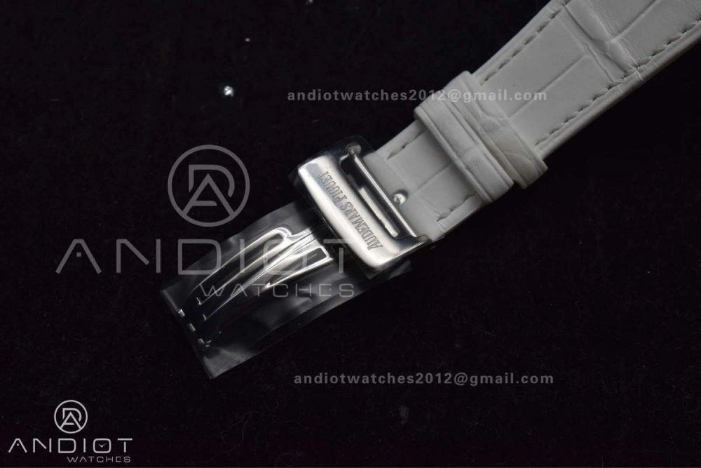 Lady Royal Oak 33mm 67651 SS Diamond Bezel V7F 1:1 White Textured Dial On White Croco Leather Strap Ronda Quartz to AP Cal. Sporty 101