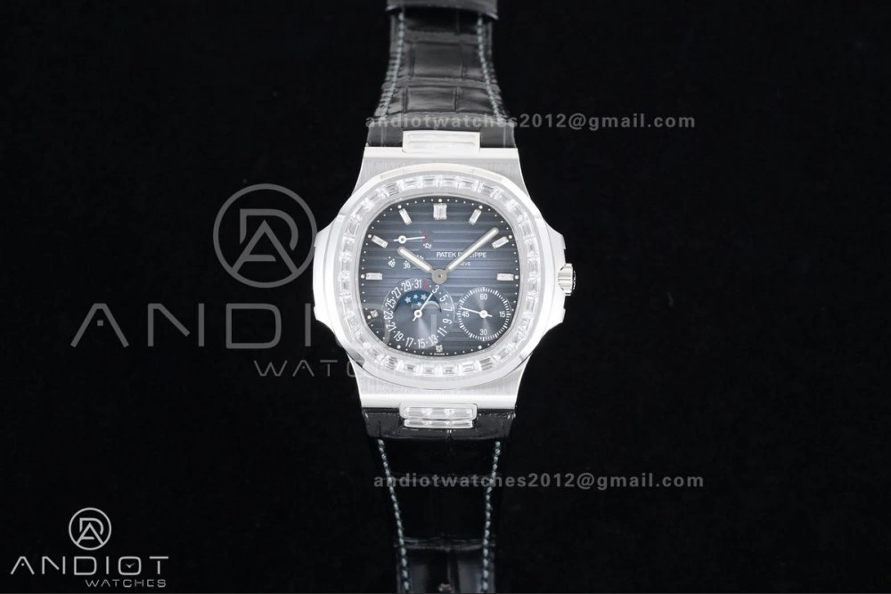Nautilus 5712 Full Diamonds SS PPF 1:1 Best Edition Blue Dial on Black Leather Strap A240 Super Clone V Durable 378