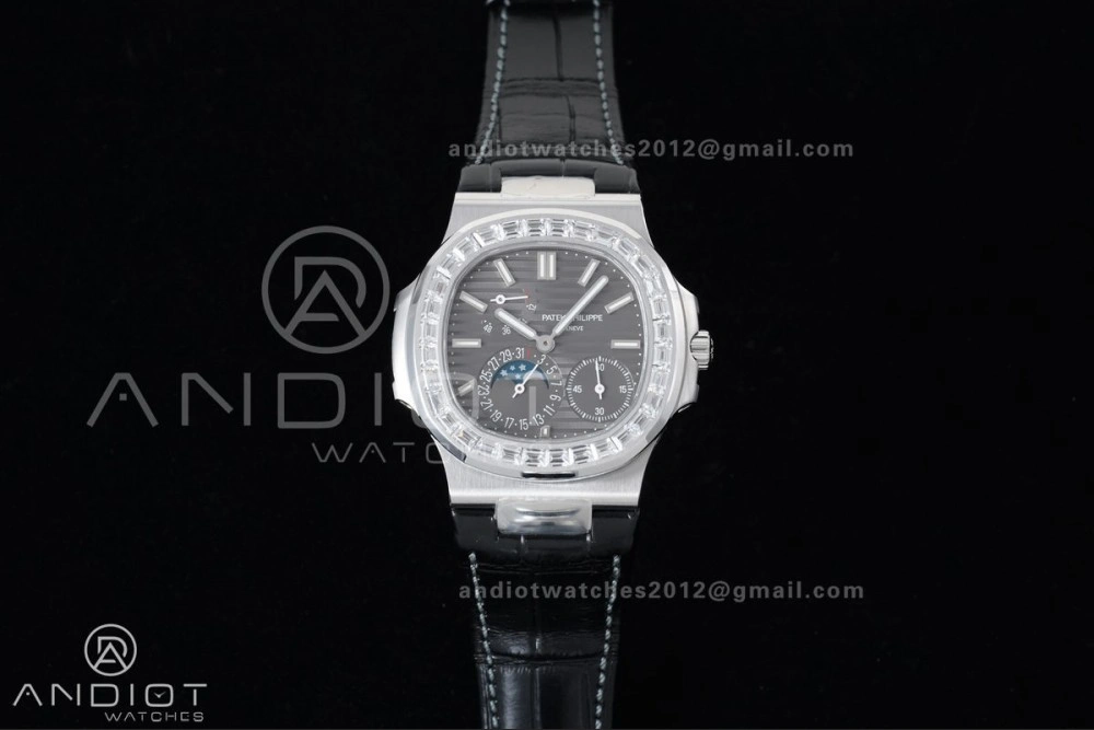 Nautilus 5712 Full Diamonds SS PPF 1:1 Best Edition Gray Dial on Black Leather Strap A240 Super Clone V Cozy 361