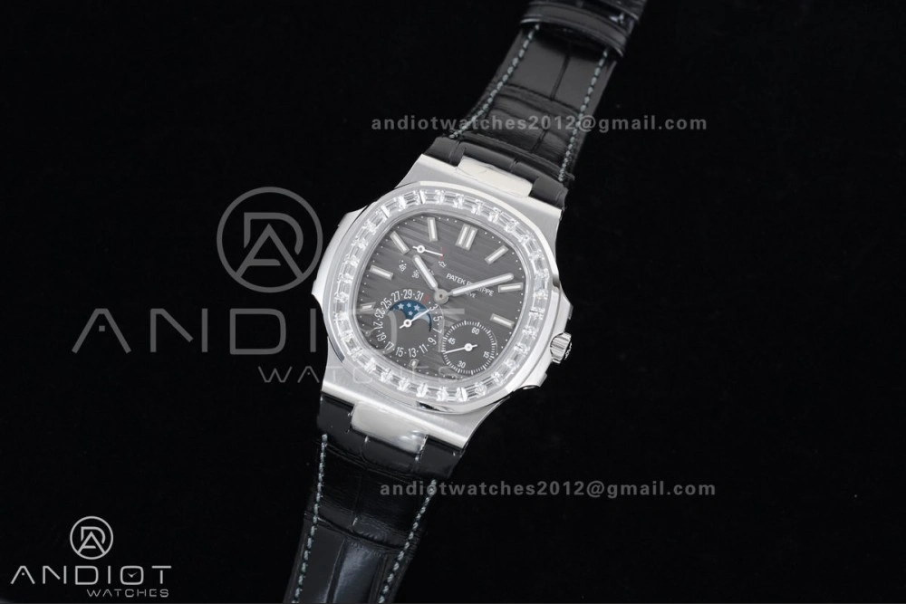 Nautilus 5712 Full Diamonds SS PPF 1:1 Best Edition Gray Dial on Black Leather Strap A240 Super Clone V Cozy 361
