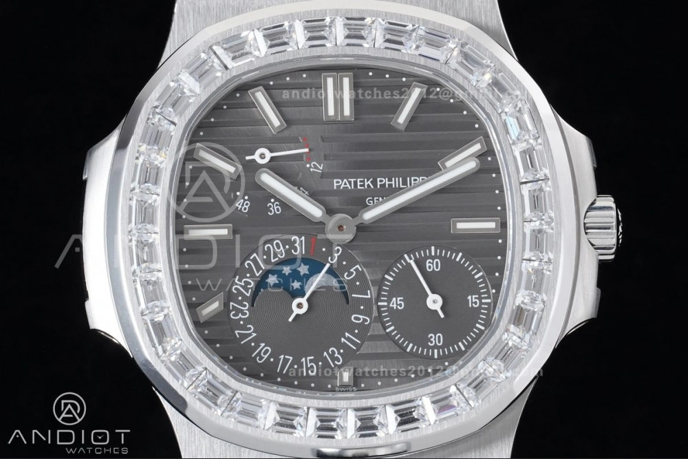 Nautilus 5712 Full Diamonds SS PPF 1:1 Best Edition Gray Dial on Black Leather Strap A240 Super Clone V Cozy 361