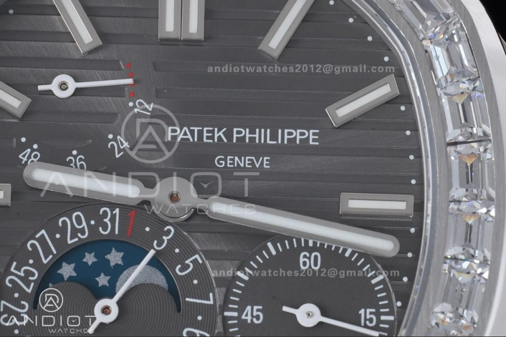 Nautilus 5712 Full Diamonds SS PPF 1:1 Best Edition Gray Dial on Black Leather Strap A240 Super Clone V Cozy 361