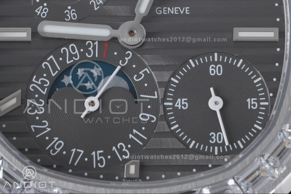 Nautilus 5712 Full Diamonds SS PPF 1:1 Best Edition Gray Dial on Black Leather Strap A240 Super Clone V Cozy 361