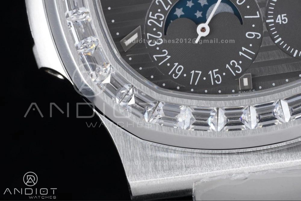 Nautilus 5712 Full Diamonds SS PPF 1:1 Best Edition Gray Dial on Black Leather Strap A240 Super Clone V Cozy 361