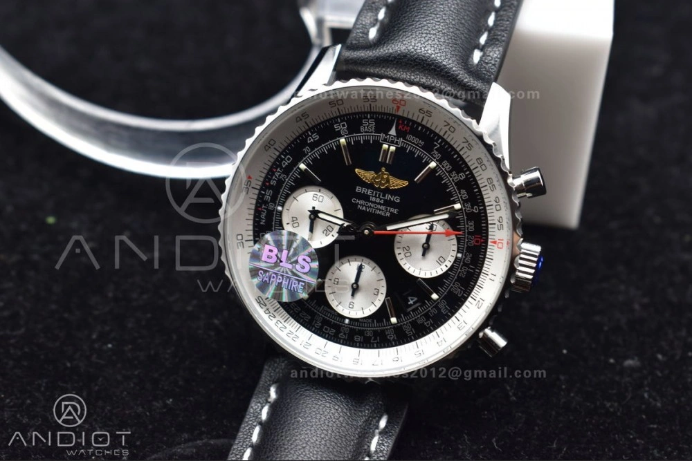 Navitimer 1 SS 43mm BLS 1:1 Best Edition Black Dial on Leather Bracelet A Original 216