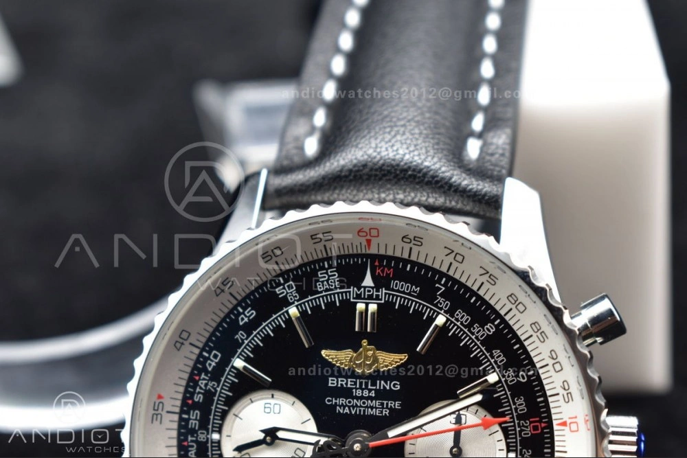 Navitimer 1 SS 43mm BLS 1:1 Best Edition Black Dial on Leather Bracelet A Original 216