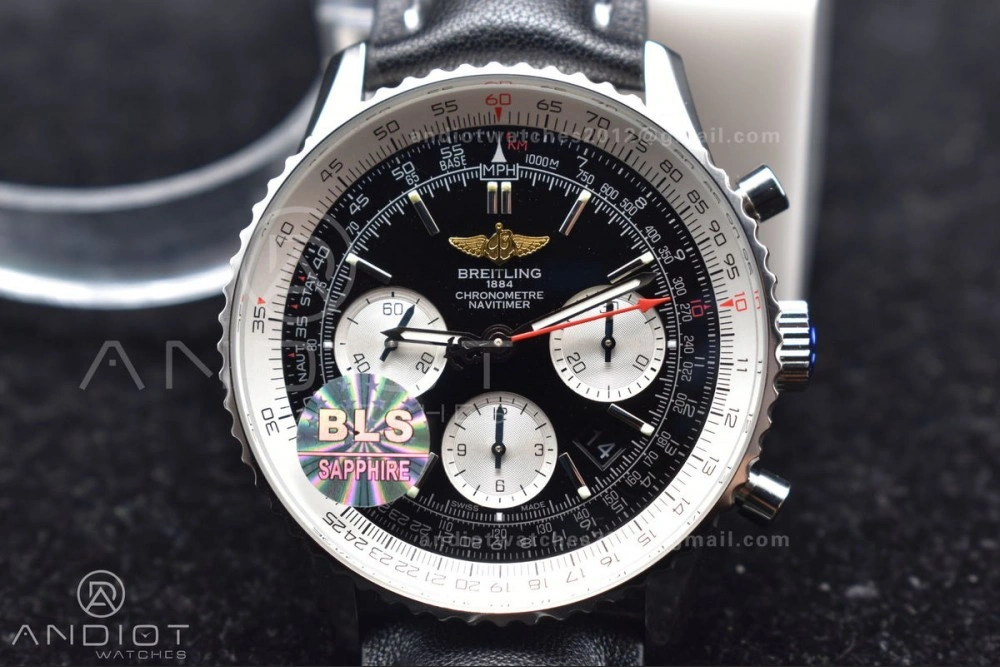 Navitimer 1 SS 43mm BLS 1:1 Best Edition Black Dial on Leather Bracelet A Original 216
