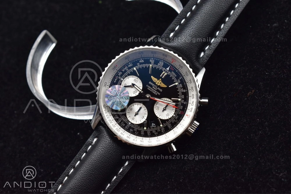 Navitimer 1 SS 43mm BLS 1:1 Best Edition Black Dial on Leather Bracelet A Original 216