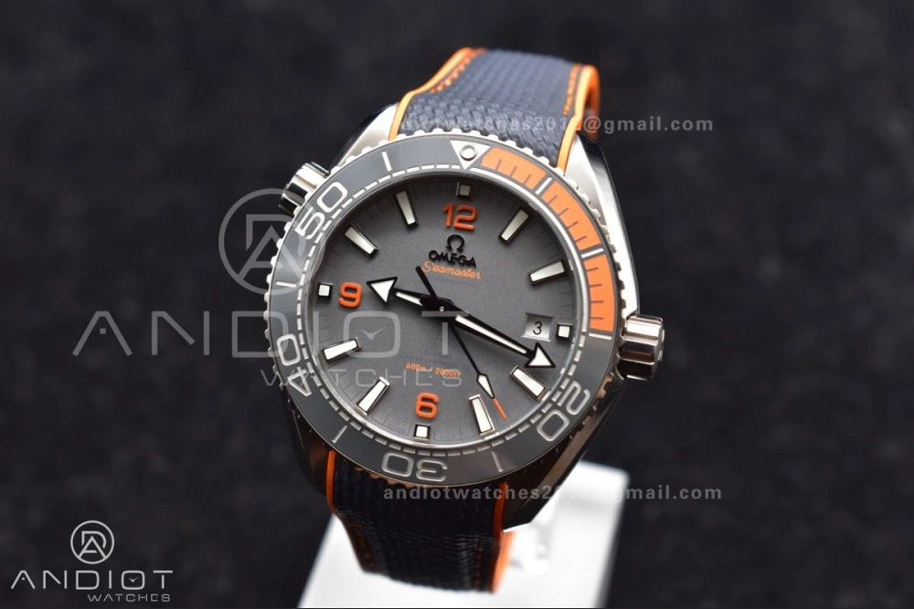 Planet Ocean 43.5mm SS VSF 1:1 Best Edition Black Orange Bezel Gray Dial on Nylon Strap A8900 Super Clone V WrinkleFree 41