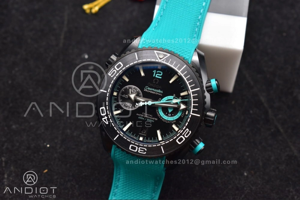 Planet Ocean Master Chrono Deep Black Ceramic M+SF 1:1 Best Edition Black Dial on Blue Rubber Strap A Durable 42