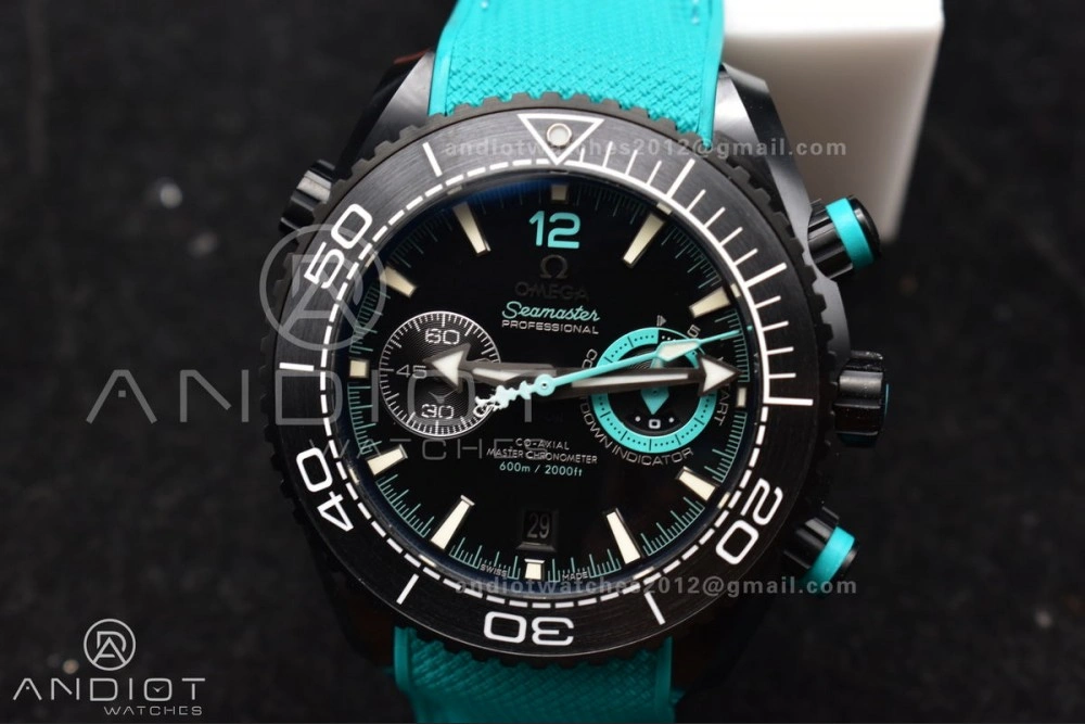 Planet Ocean Master Chrono Deep Black Ceramic M+SF 1:1 Best Edition Black Dial on Blue Rubber Strap A Durable 42