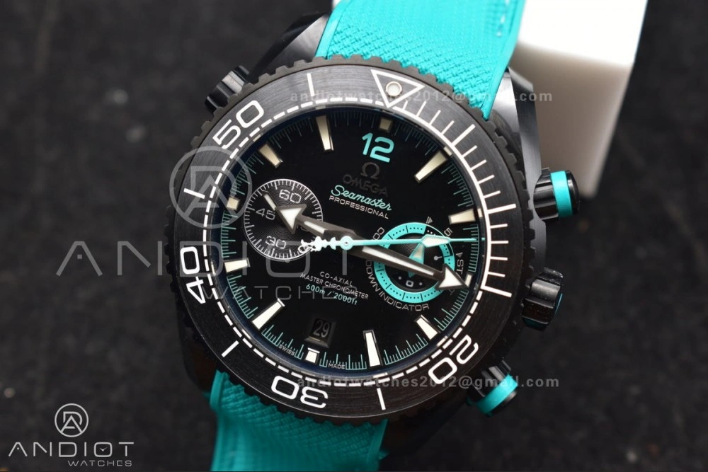 Planet Ocean Master Chrono Deep Black Ceramic M+SF 1:1 Best Edition Black Dial on Blue Rubber Strap A Durable 42