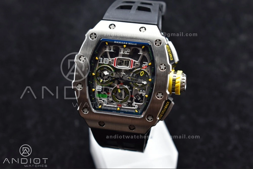 HighQuality RM011 SS Chrono KVF 1:1 Best Edition Crystal Dial Black on Black Rubber Strap A7750 V 1221