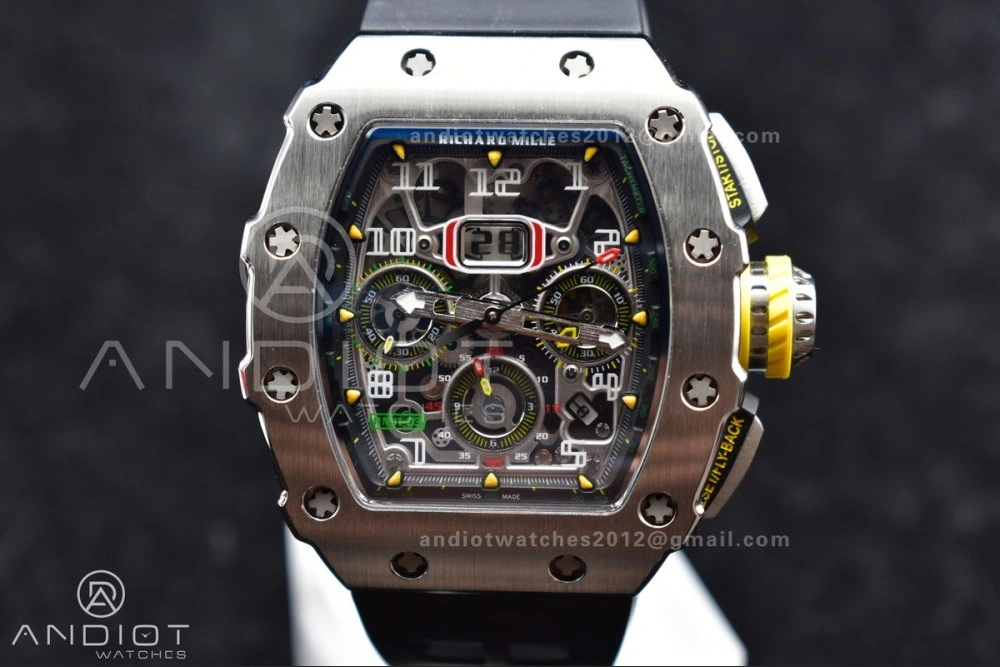 RM011 SS Chrono KVF 1:1 Best Edition Crystal Dial Black on Black Rubber Strap A7750 V Sophisticated 1025