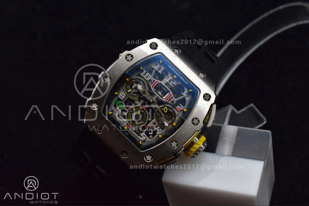 RM011 SS Chrono KVF 1:1 Best Edition Crystal Dial Black on Black Rubber Strap A7750 V Sophisticated 1025