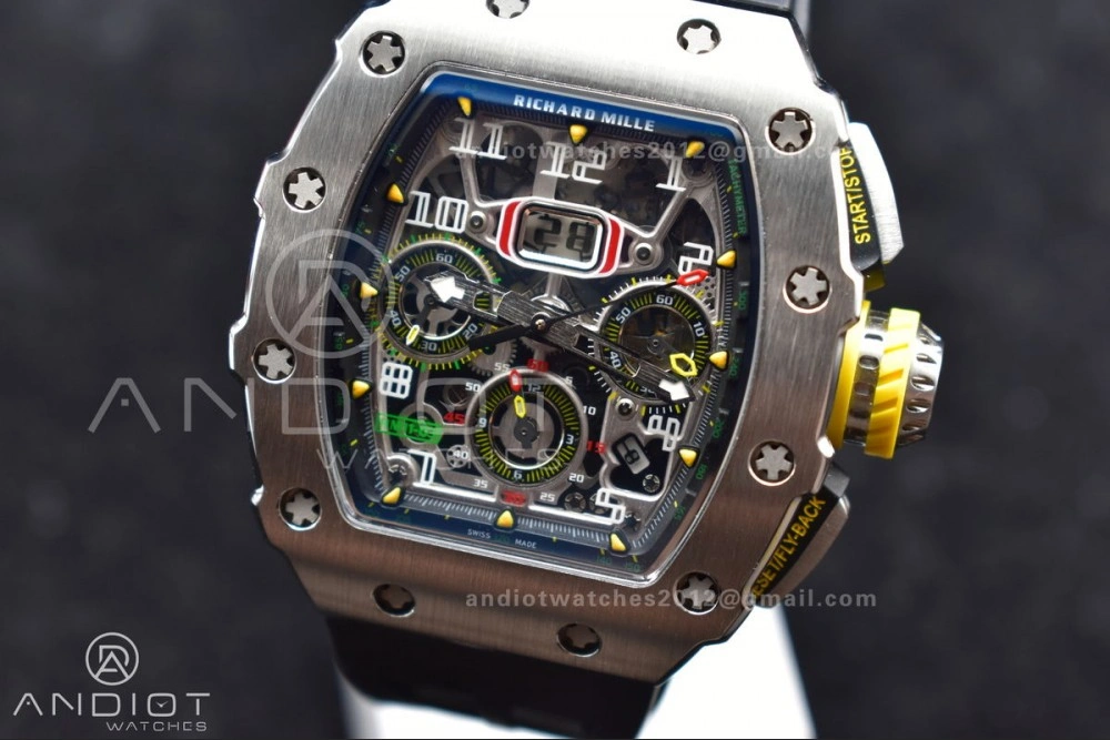 RM011 SS Chrono KVF 1:1 Best Edition Crystal Dial Black on Black Rubber Strap A7750 V Sophisticated 1025