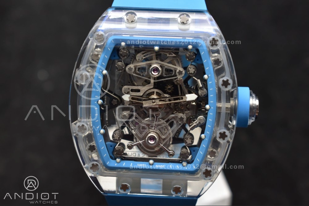 Reliable RM56-02 Transparent Tourbillon RMF Best Edition Skeleton Blue Dial on Blue Rubber Strap 1244