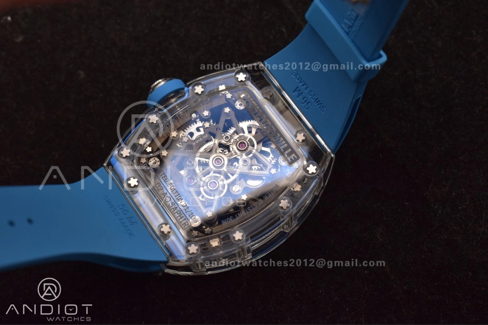 Reliable RM56-02 Transparent Tourbillon RMF Best Edition Skeleton Blue Dial on Blue Rubber Strap 1244