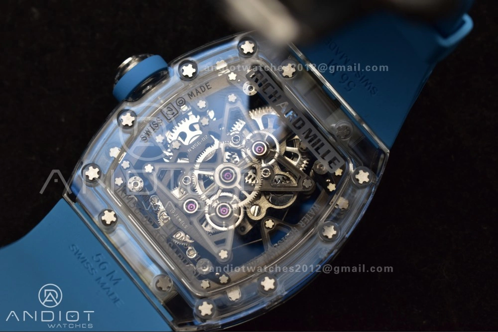 Reliable RM56-02 Transparent Tourbillon RMF Best Edition Skeleton Blue Dial on Blue Rubber Strap 1244