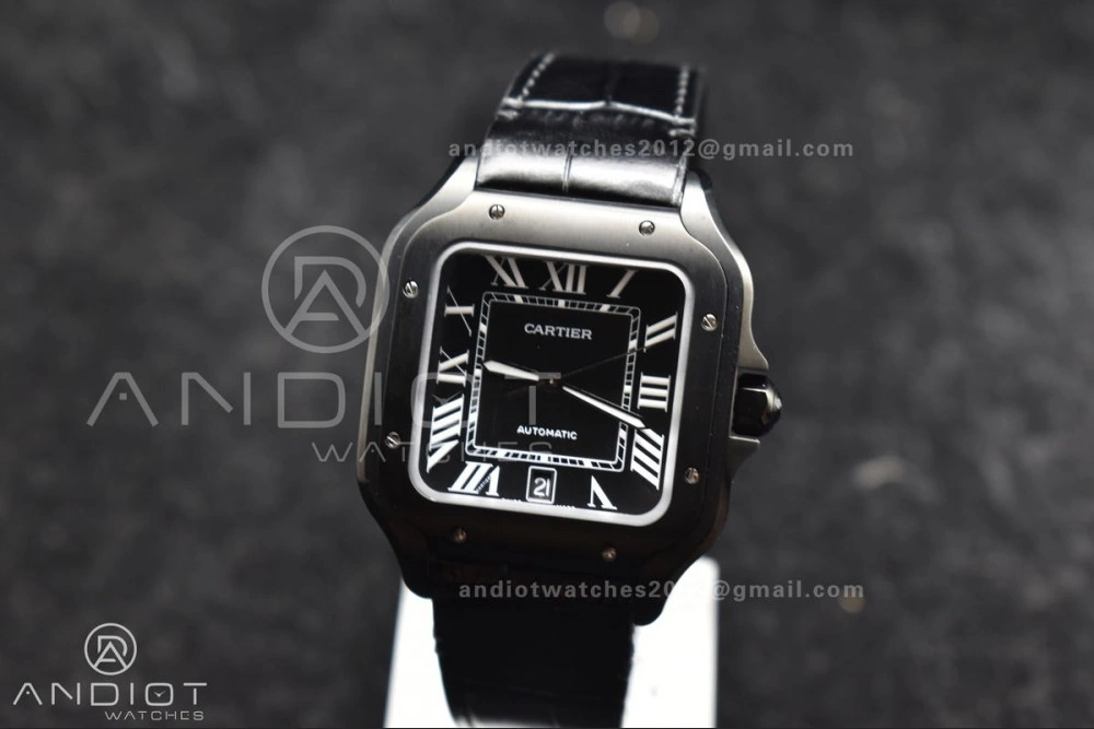 Santos de Cartier 40mm PVD BVF 1:1 Best Edition Black Dial on Black Leather Strap MIYOTA Timeless 236