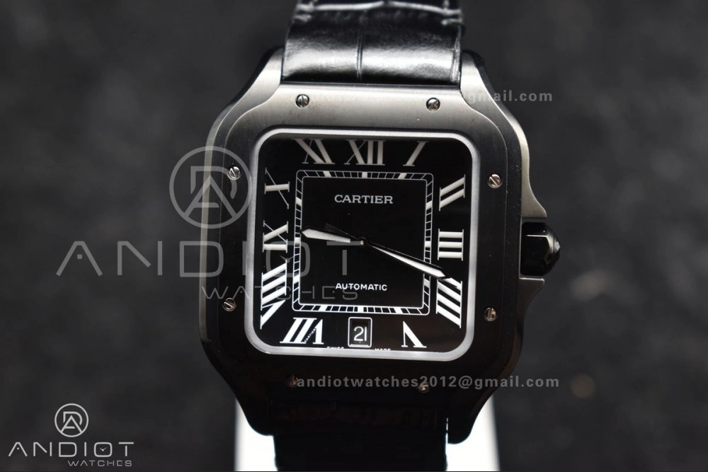 Santos de Cartier 40mm PVD BVF 1:1 Best Edition Black Dial on Black Leather Strap MIYOTA Timeless 236