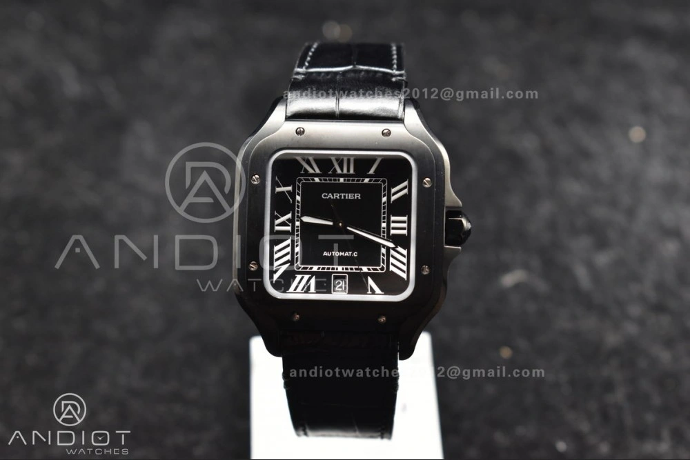 Santos de Cartier 40mm PVD BVF 1:1 Best Edition Black Dial on Black Leather Strap MIYOTA Timeless 236