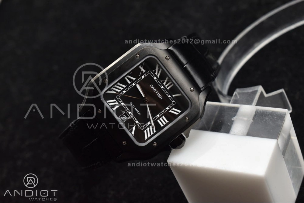 Santos de Cartier 40mm PVD BVF 1:1 Best Edition Black Dial on Black Leather Strap MIYOTA Timeless 236