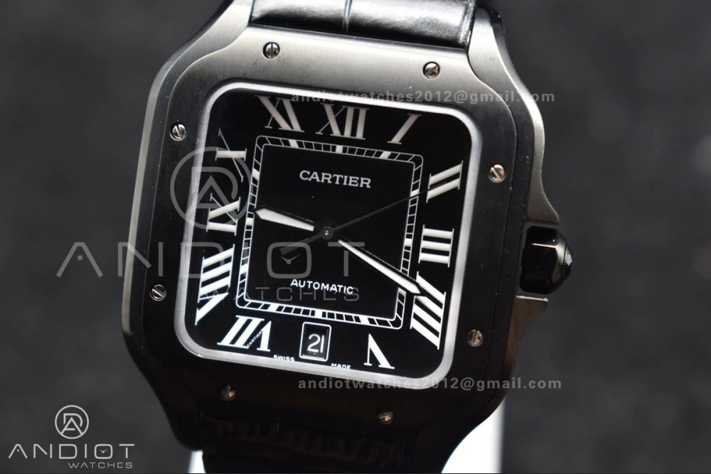 Santos de Cartier 40mm PVD BVF 1:1 Best Edition Black Dial on Black Leather Strap MIYOTA Timeless 236