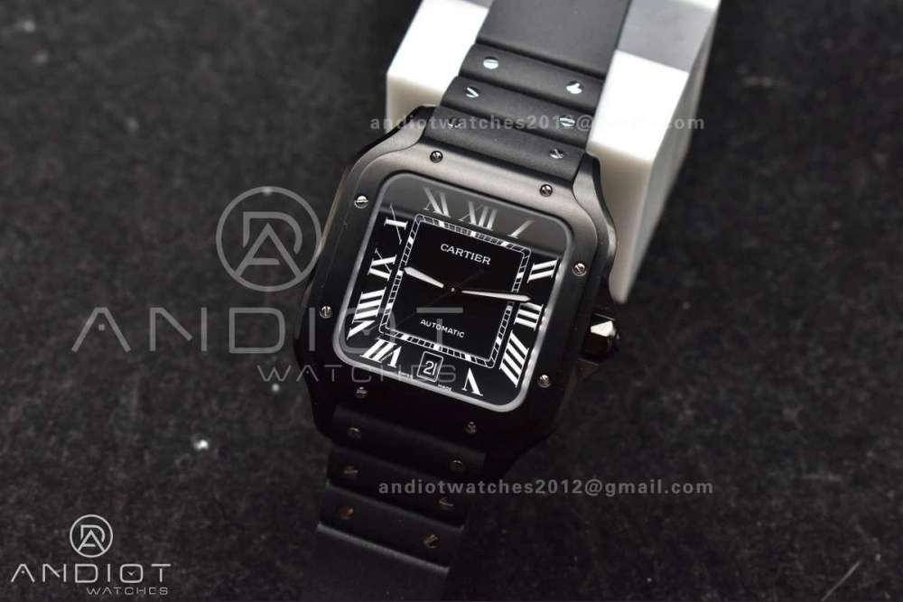 Affordable Santos de Cartier 40mm PVD BVF 1:1 Best Edition Black Dial on Rubber Strap MIYOTA 232