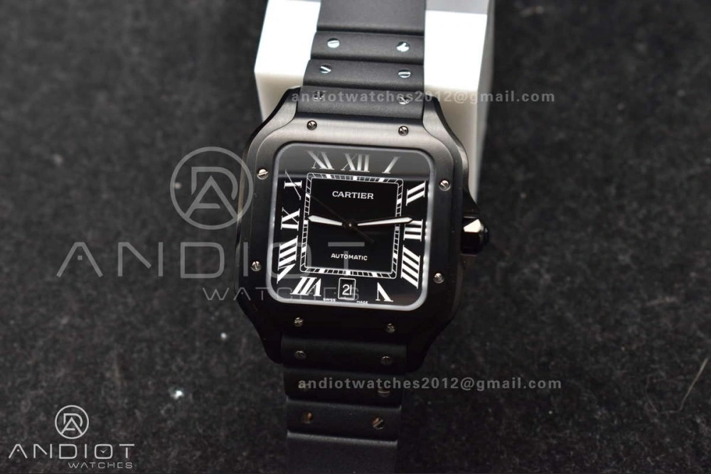 Affordable Santos de Cartier 40mm PVD BVF 1:1 Best Edition Black Dial on Rubber Strap MIYOTA 232