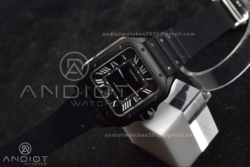 Affordable Santos de Cartier 40mm PVD BVF 1:1 Best Edition Black Dial on Rubber Strap MIYOTA 232