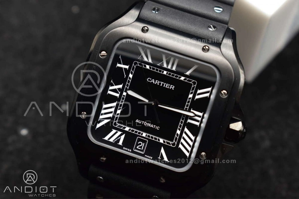 Affordable Santos de Cartier 40mm PVD BVF 1:1 Best Edition Black Dial on Rubber Strap MIYOTA 232