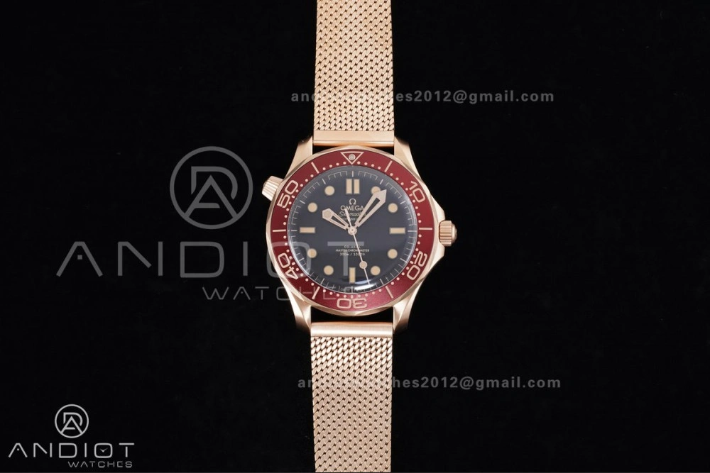 Packable Seamaster 300M Diver Rose Gold VSF 1:1 Best Edition Black Dial on Mesh Bracelet A 65