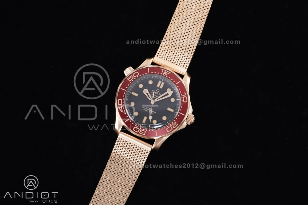 Packable Seamaster 300M Diver Rose Gold VSF 1:1 Best Edition Black Dial on Mesh Bracelet A 65
