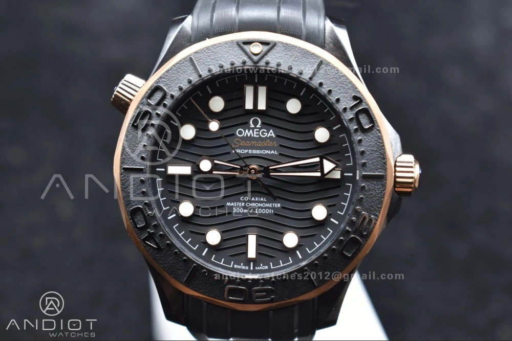Neat Seamaster 300m 43.5mm Black Ceramic VSF 1:1 Best Edition Black Dial RG Bezel on Black Rubber Strap A 1070