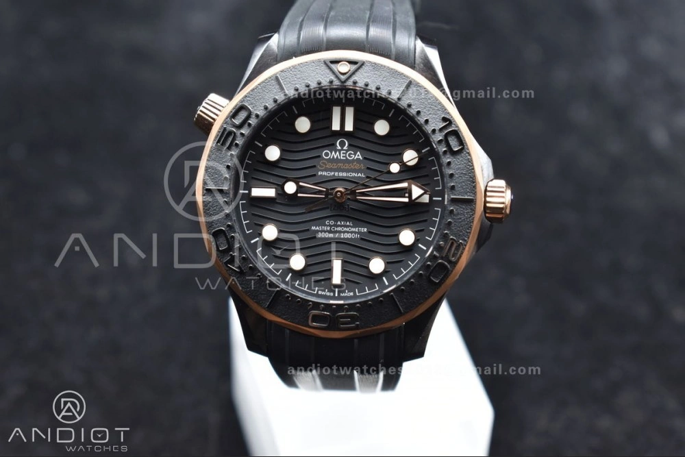 Neat Seamaster 300m 43.5mm Black Ceramic VSF 1:1 Best Edition Black Dial RG Bezel on Black Rubber Strap A 1070