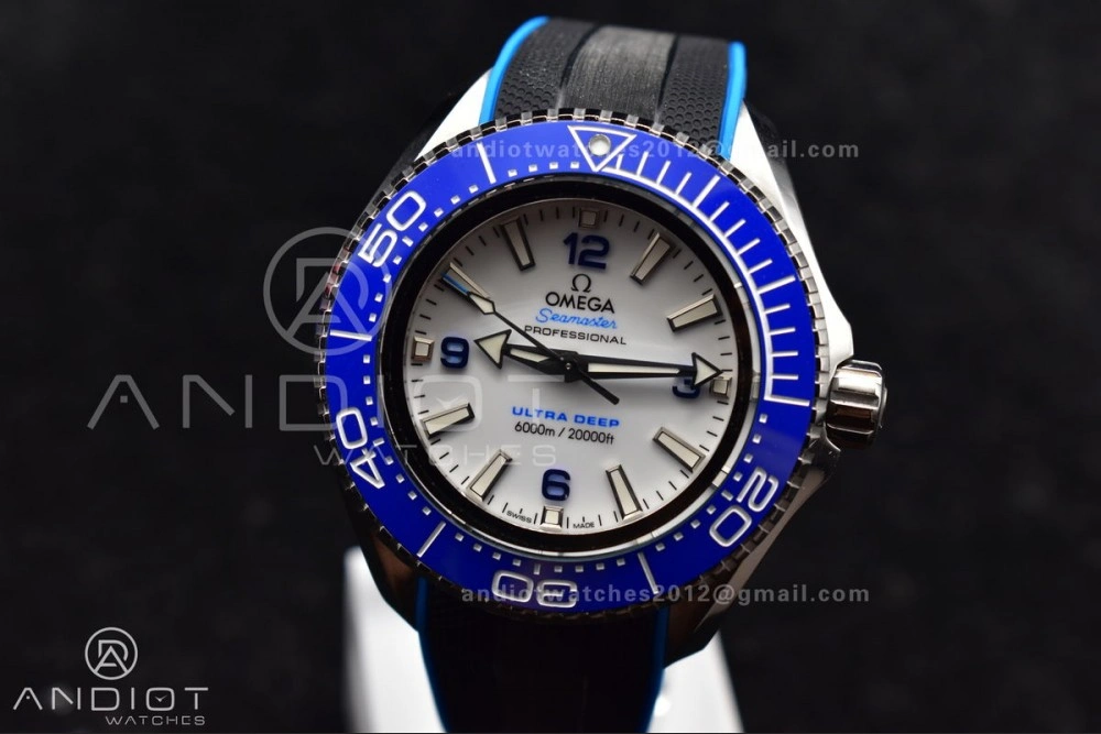 Flexible Seamaster 6000M Ultra Deep SS TF 1:1 Best Edition White Dial Blue Ceramic Bezel on Black Rubber Strap A 73