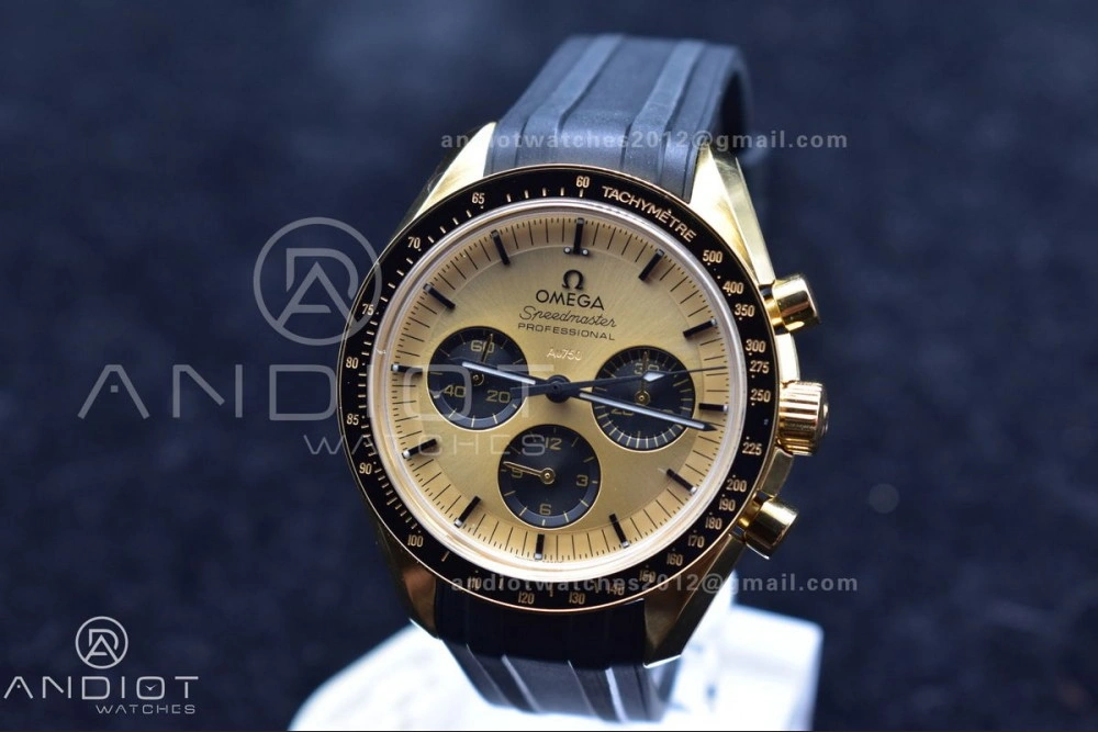 Speedmaster Moonwatch in Moonshine Gold YG RMF Best Edition YG Dial on Black Rubber Strap Manual Chrono Resilient 11