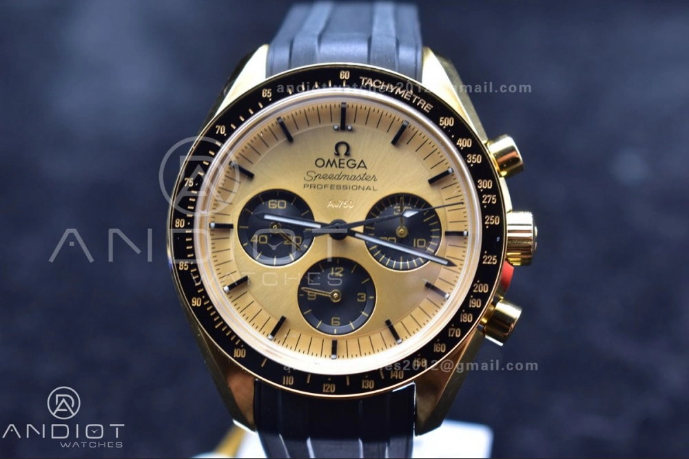Speedmaster Moonwatch in Moonshine Gold YG RMF Best Edition YG Dial on Black Rubber Strap Manual Chrono Resilient 11