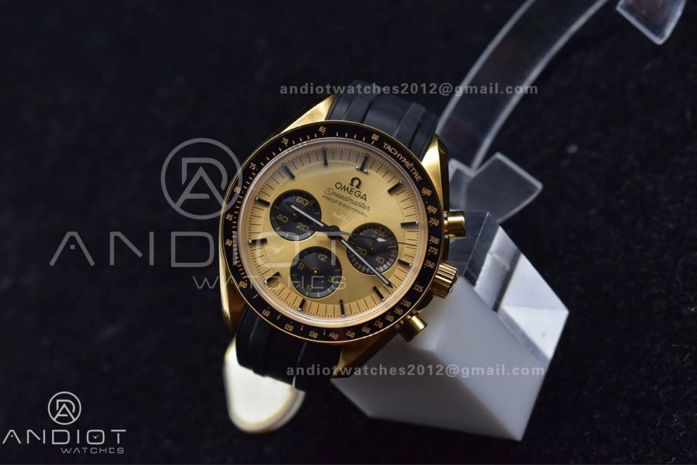 Speedmaster Moonwatch in Moonshine Gold YG RMF Best Edition YG Dial on Black Rubber Strap Manual Chrono Resilient 11