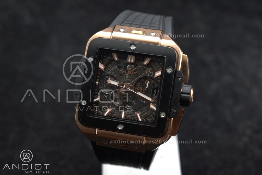RelaxedFit Square Bang Unico 42mm RG BBF 1:1 Best Edition Skeleton Dial Ceramic Bezel on Black Rubber Strap A 270