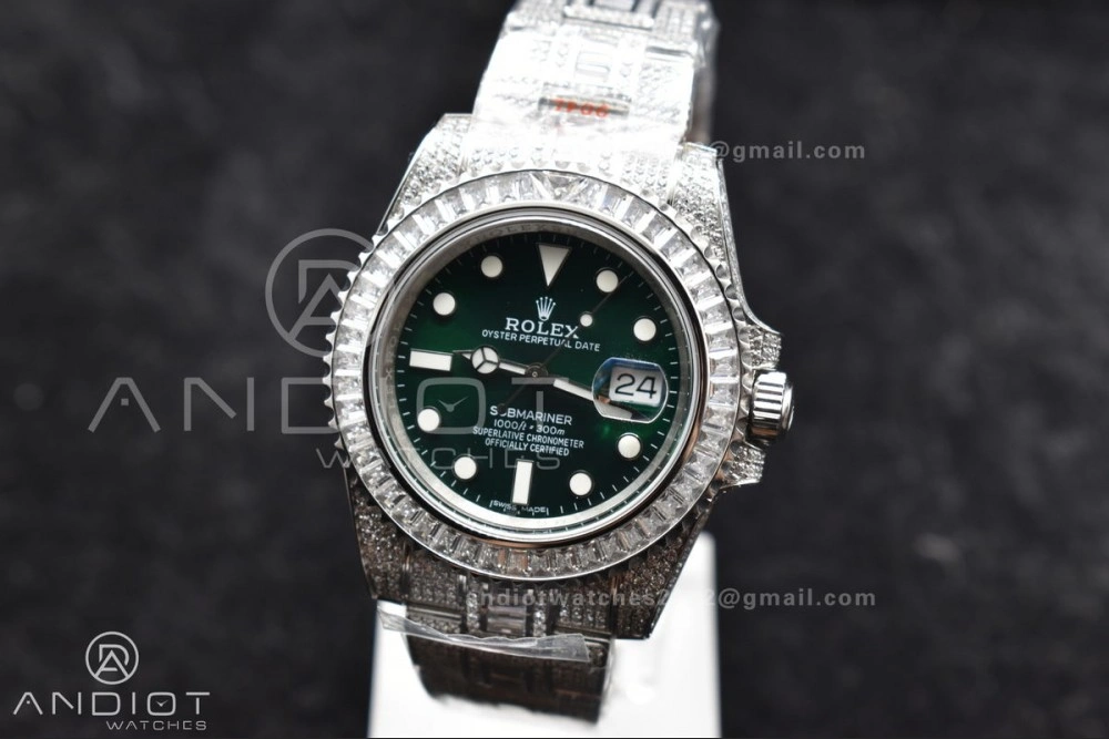 Submariner 40mm Full Diamonds SS AMGF Best Edition Green Dial on Bracelet on VR Minimalist 1150
