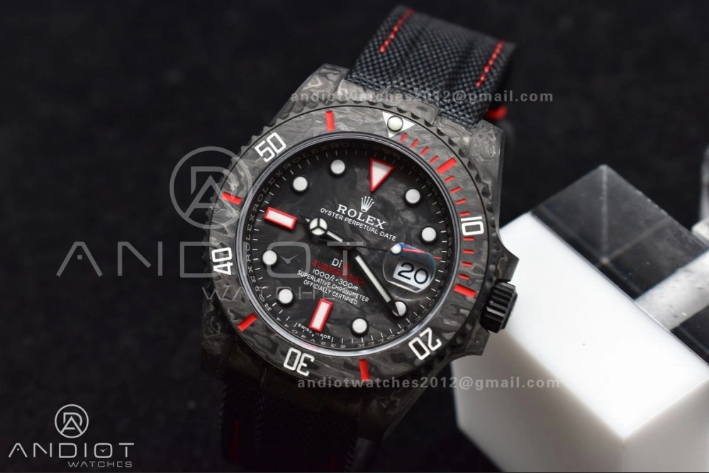 Practical Submariner DIW Carbon VSF 1:1 Best Edition Black Red Dial on Black Nylon Strap VS 474