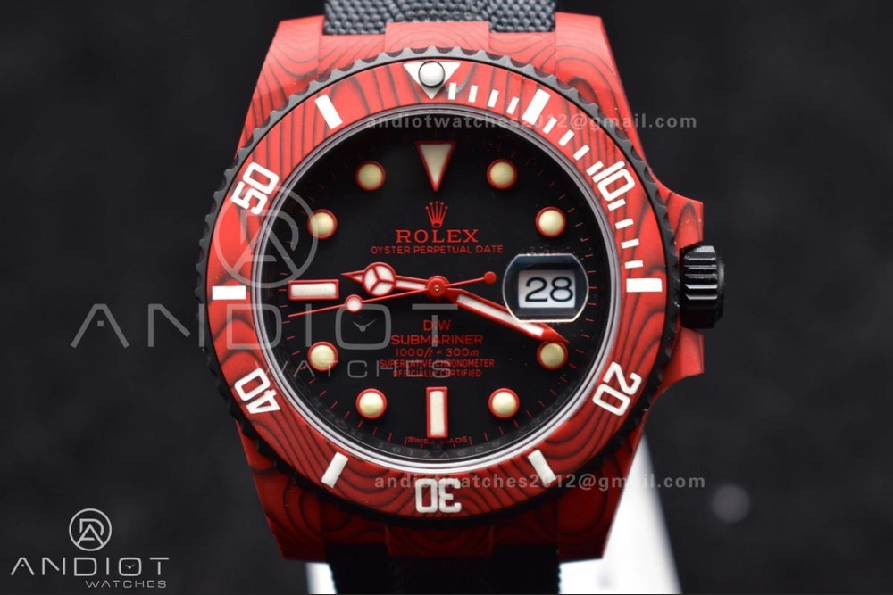 Submariner DIW Red Carbon VSF 1:1 Best Edition Black Dial on Black Nylon Strap VS Affordable 473