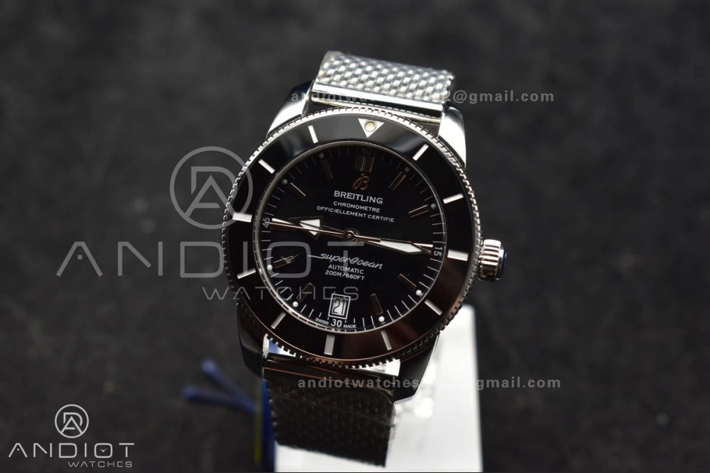 Super Ocean Heritage II BLSF 42mm SS Black Dial Black Ceramic Bezel on SS Mesh Bracelet A ModernLook 194