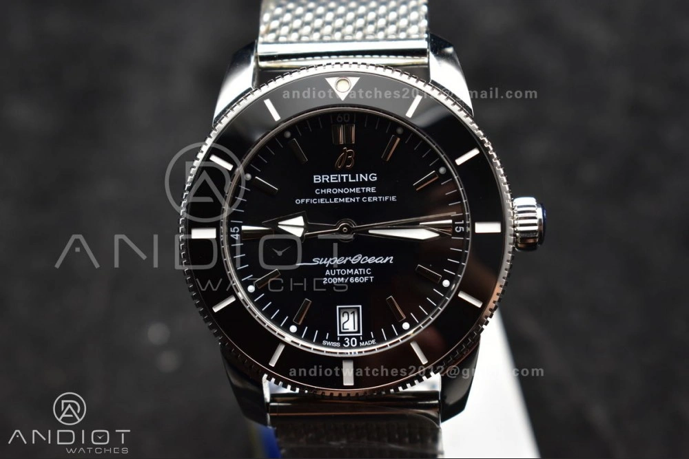 Super Ocean Heritage II BLSF 42mm SS Black Dial Black Ceramic Bezel on SS Mesh Bracelet A ModernLook 194