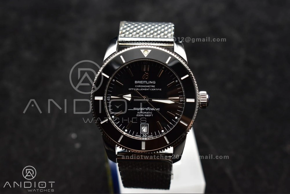 Super Ocean Heritage II BLSF 42mm SS Black Dial Black Ceramic Bezel on SS Mesh Bracelet A ModernLook 194