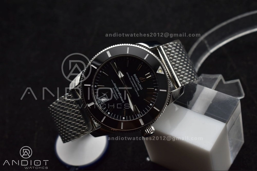 Super Ocean Heritage II BLSF 42mm SS Black Dial Black Ceramic Bezel on SS Mesh Bracelet A ModernLook 194