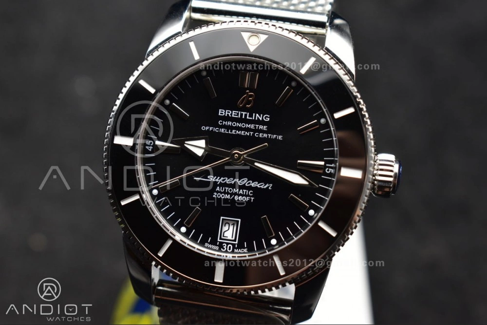 Super Ocean Heritage II BLSF 42mm SS Black Dial Black Ceramic Bezel on SS Mesh Bracelet A ModernLook 194