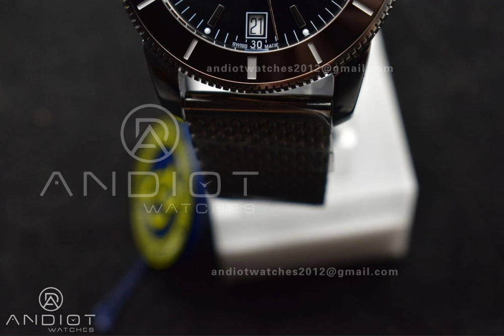 Super Ocean Heritage II BLSF 42mm SS Black Dial Black Ceramic Bezel on SS Mesh Bracelet A ModernLook 194